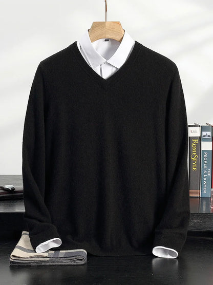 100% Cashmere Sweater Men's V-Neck Knit Pullover 2025 Spring/Autumn New Solid Color Long Sleeved Tops Business Casual Menswear