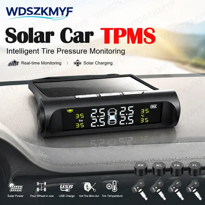 Car TPMS Digital LCD Display Smart Tyre Pressure Monitoring System 4 Sensors Auto Security Alarm Solar Charging Car Accessories
