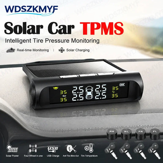 Car TPMS Digital LCD Display Smart Tyre Pressure Monitoring System 4 Sensors Auto Security Alarm Solar Charging Car Accessories