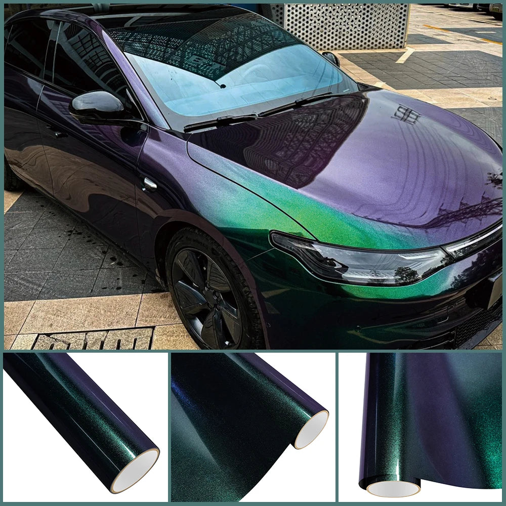 Car Wrap Vinyl Film Glossy PET Diamond Purple&Green PVC Car Engine Hood Decal Self Adhesive Motorcycle Auto Body Decoration Film