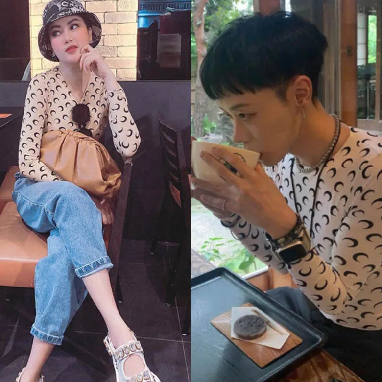 Sweet Two Piece Set Women American Retro Layered Outfit Long Sleeve Moon Print Top Ice Silk Pants Sexy Casual Autumn Fashion