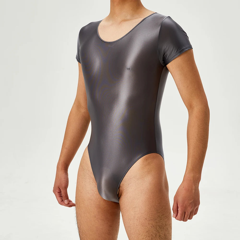 Men's Bodysuit Short Sleeve Oil Shiny High Cut Shapers Leotard Elastic Man Women Sexy Lingerie Jumpsuit Underwear