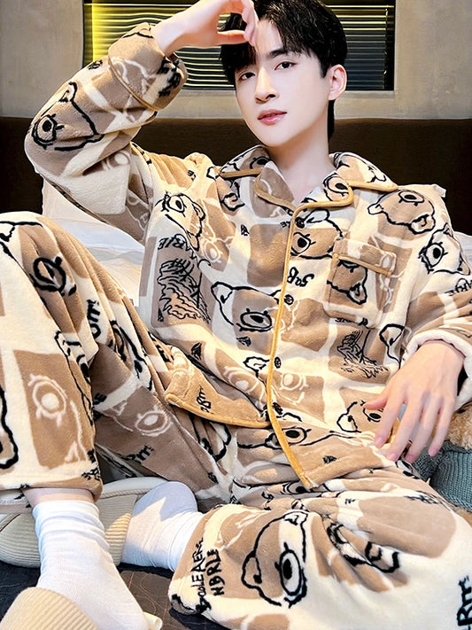 Men's Sleepwear Coral Fleece Flannel Thick Warm Cardigan Home Clothes Autumn Winter Long Sleeve Button up Comfortable Pajamas