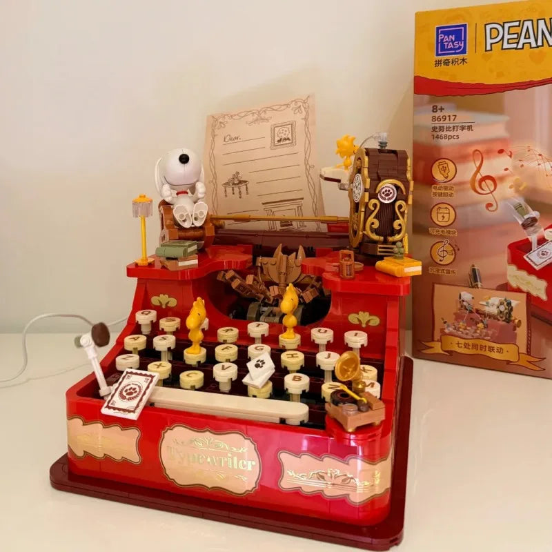 Pantasy Snoopy Series Typewriter Building Blocks Musical Mechanism Interlocking Ornament Assembly Toy Gift
