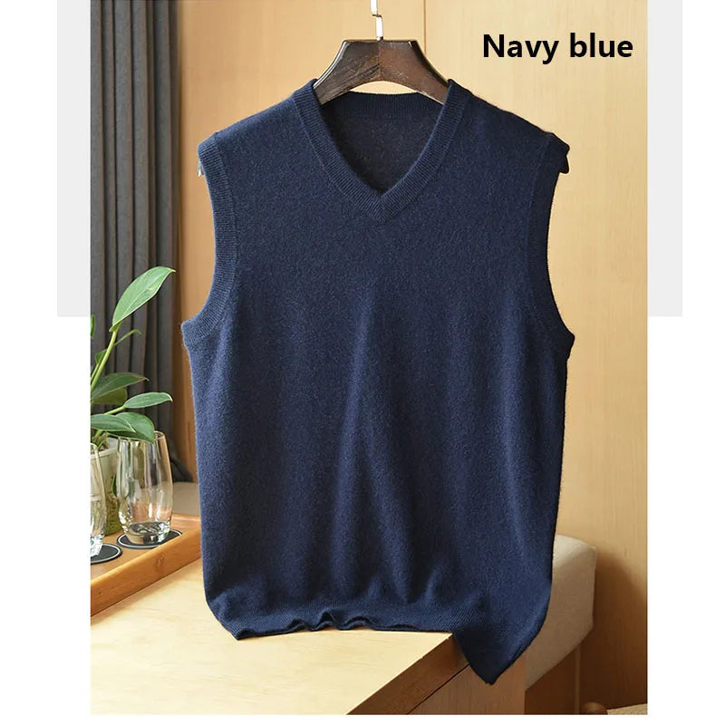 Autumn and Winter Men 100% Cashmere T-shirt V-neck Vest Simple Generous Wool Jumper Blue Soft Skin Breathable Men's Clothing