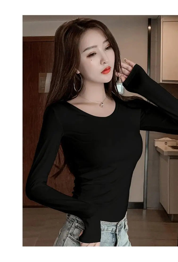 Women's Slim Fit Long Sleeve round Neck T-Shirt Base Layer Shirt Inner And Outer Wear Autumn Style Commute Korean Version