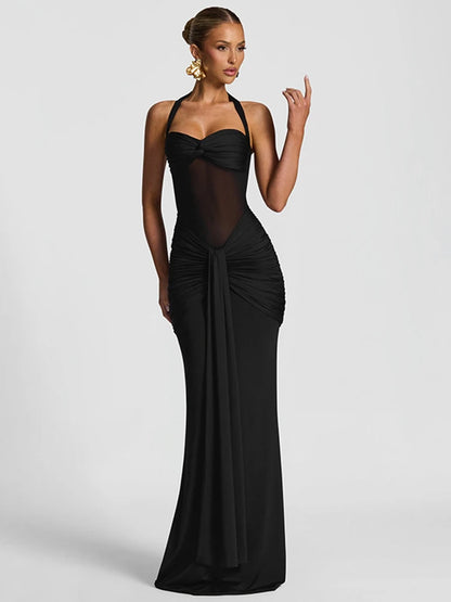 kliou Patchwork Elegant Women Maxi Dress Classic Sexy Sheer Ribbons Halter Backless Bodycon Female Trend Festival Evening Wear