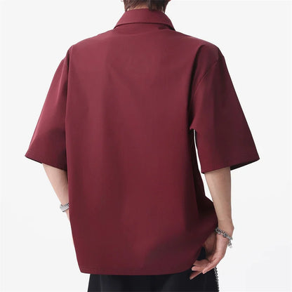 Summer Men's Metal Button Solid Color Lapel Polo Shirts Retro High Street Asymmetrical Oversized Tshirts Y2K Casual Fashion Tops