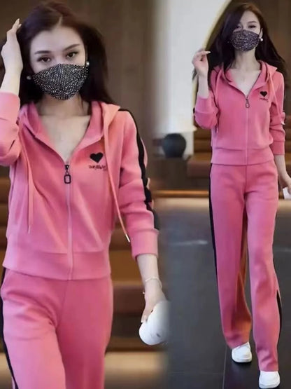 Fashionable Casual Sportswear Set 2026 New Style Slimming Wide Leg Pants Autumn Trendy Two Piece Suit Polyester Fabric