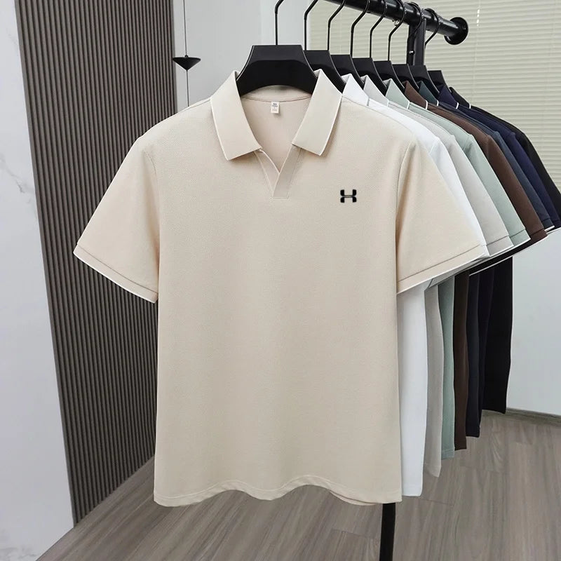 New Summer Men Striped Trim Collar Polo Shirt, Solid Quick Dry Breathable Plain Short Sleeve Top Mens Apparel
