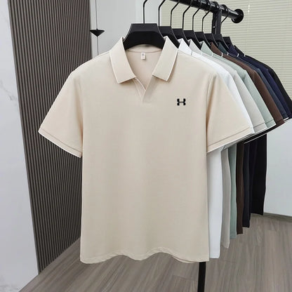 New Summer Men Striped Trim Collar Polo Shirt, Solid Quick Dry Breathable Plain Short Sleeve Top Mens Apparel