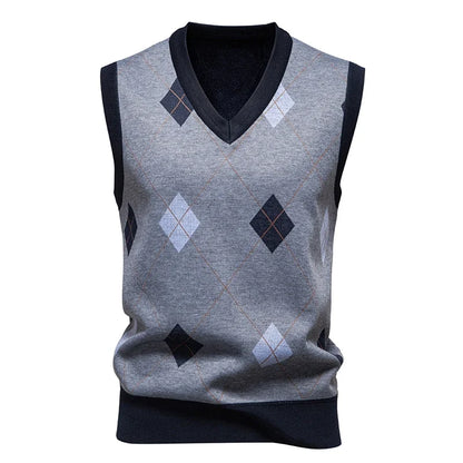 Men's Knitted Warm Sweater in Autumn and Winter V-neck Vest Diamond Grid Twisted Flower Casual Fashion Versatile Top