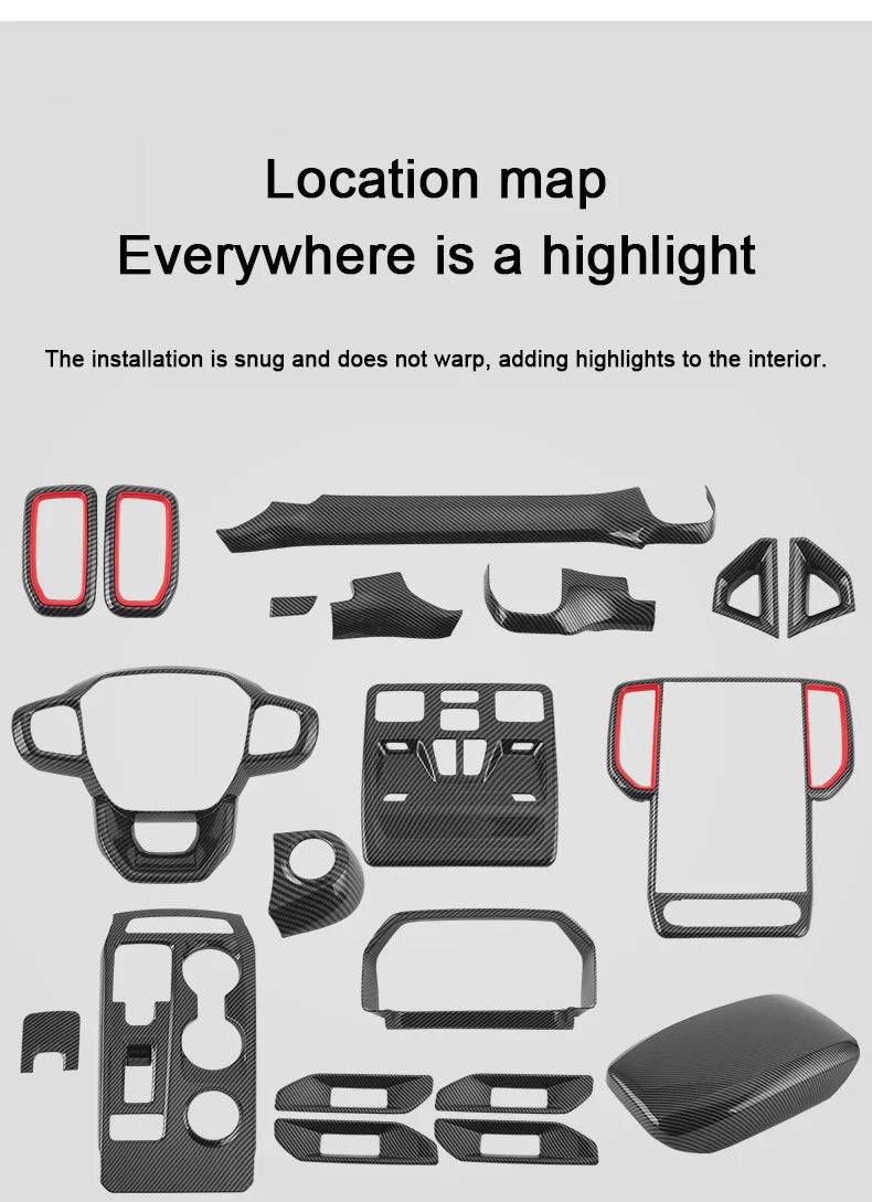 Carbon Fiber Car Interior Overlay Accessories For Ford Ranger Raptor Wildtrak T9 2022-2025, Central Gear Shift Panel Door Trim