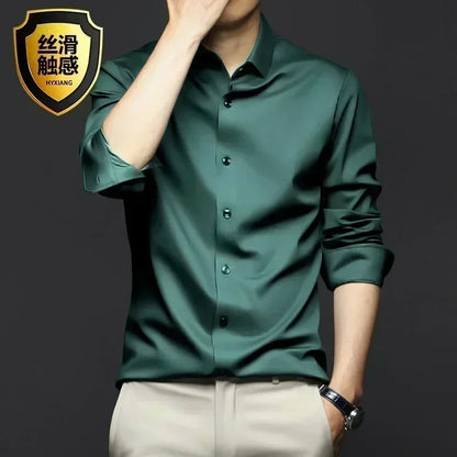 S-6XL Men's Long Sleeve Shirt Luxury Wrinkle Resistant Pure White Shirt Business Dress Casual Ice Silk Glossy Shirt