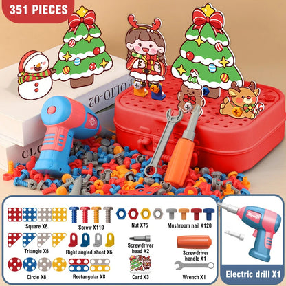 Christmas Pretend Repair Toolbox with Electric Screwdriver DIY 2D/3D Creative Building Puzzle Toy Screw Tool Set for Kids Gifts