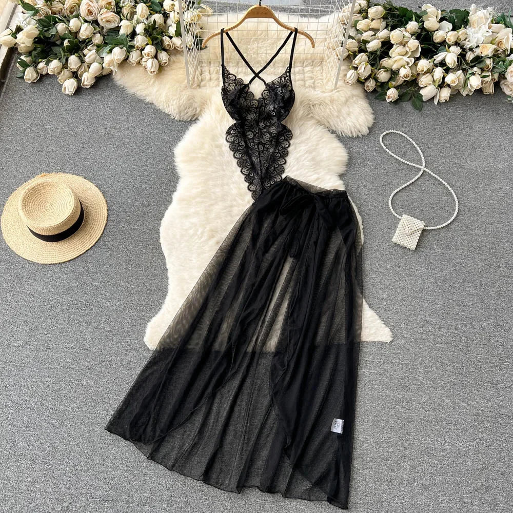 Sexy Lace Strap Jumpsuit Slim Fit Transparent Women's Pajamas Halter Playsuit Erotic Lingerie Catsuit Backless Hollowed Bodysuit