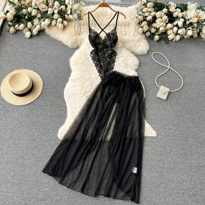 Sexy Lace Strap Jumpsuit Slim Fit Transparent Women's Pajamas Halter Playsuit Erotic Lingerie Catsuit Backless Hollowed Bodysuit