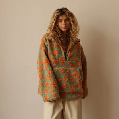 Zekye Women's Sweatshirt Flower Fleece Half Zipper Lapel Sweater Thickened with Lining Winter Clothes Woman Y2k Clothes