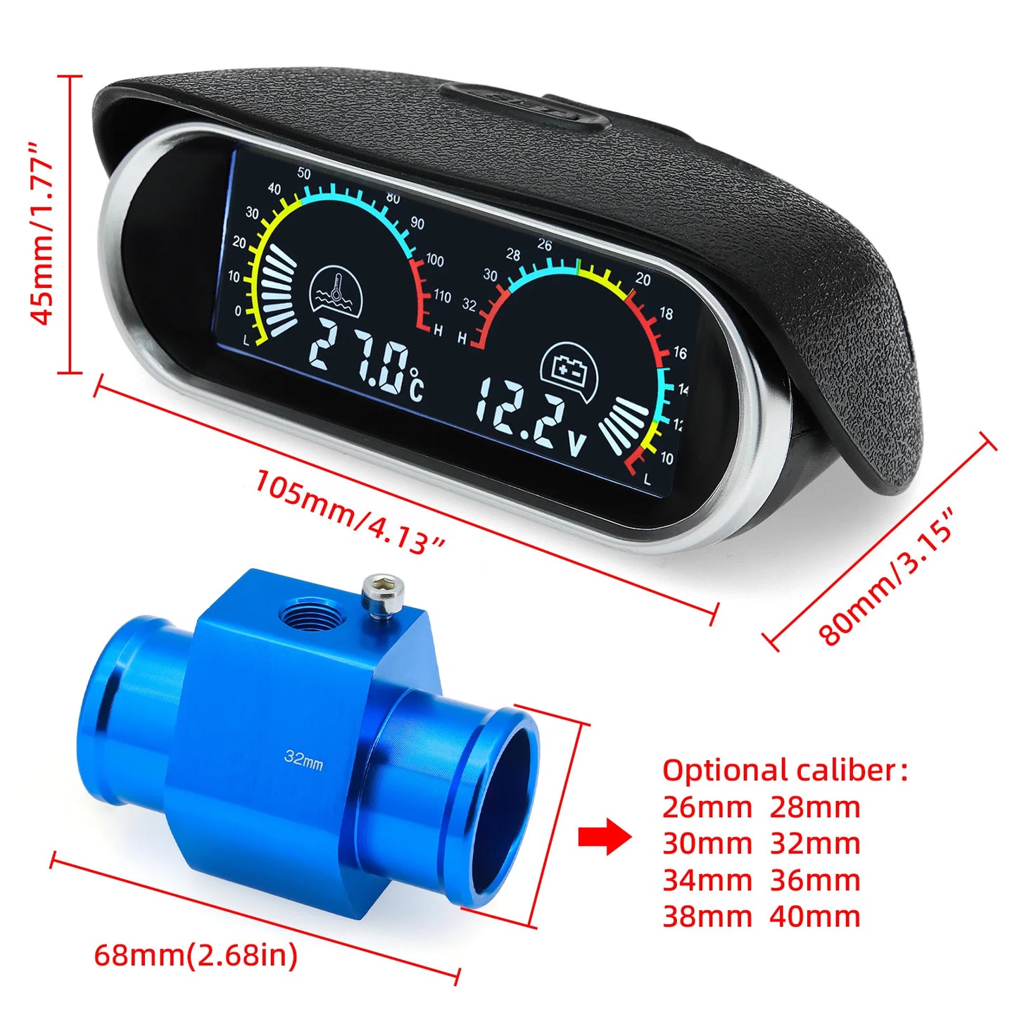 12V 24V Digital Water Temperature Gauge + Volt Water Temperature Sensor Head Plug Joint Pipe Sensor Radiator Hose Adapter 1/8NPT