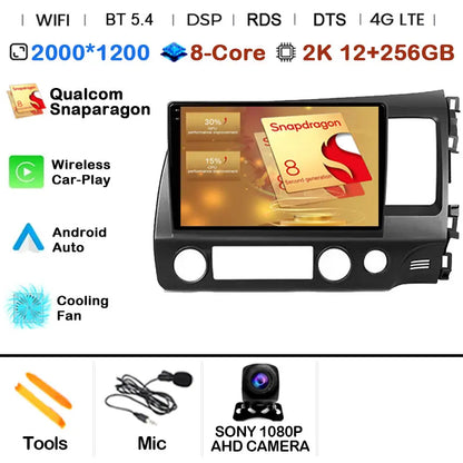 Car Radio Android 15 For Honda Civic 8 FK FN FD 2005 - 2012 RHD Multimedia Player Navigation GPS Carplay Stereo BT Head Unit DSP