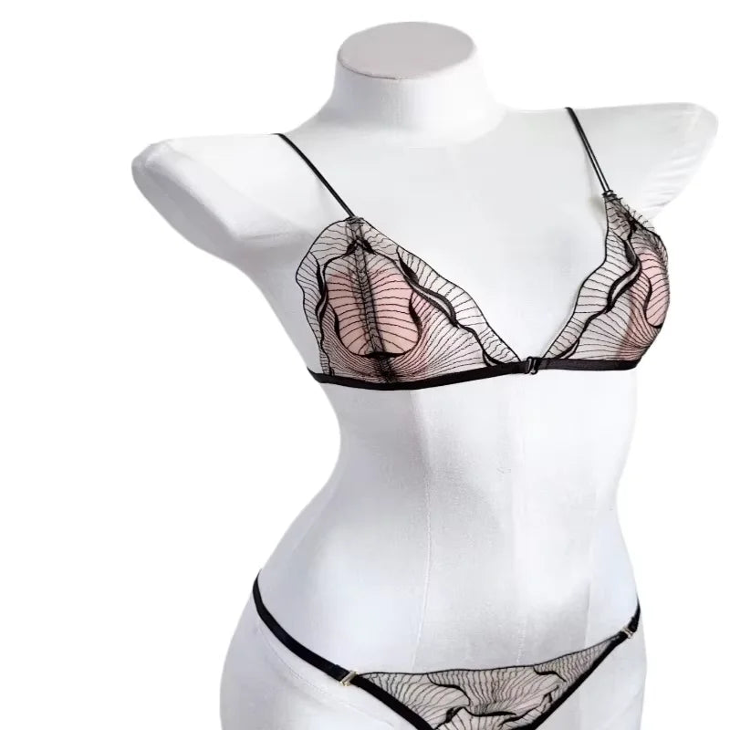 Conjunto Lingerie Mulher Fecho Frontal Renda Francesa Taça Triangular Sem Aro Alças Finas Espalda Melhorada Levemente