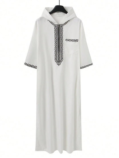2025Moroccan Men's Thobe Short-Sleeved Embroidered Hood MuslimIslamicLooseJelleba Abaya - New Edition