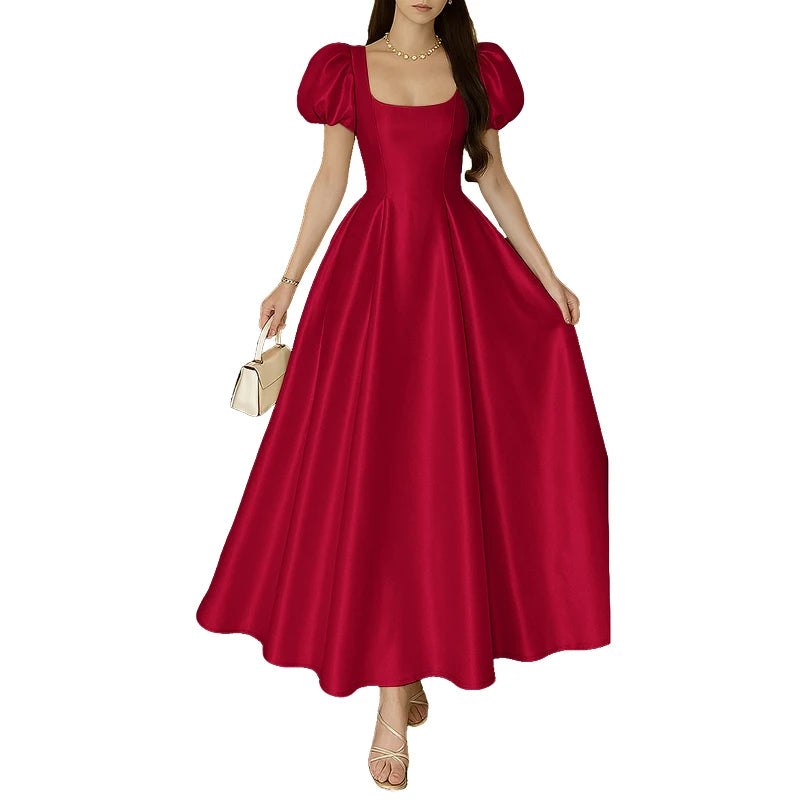 ZANZEA Elegant Chic Women Satin Wedding Guest Party Long Dresses Square Neck Short Puff Sleeve Fitted Waist A-Line Dress S-3XL