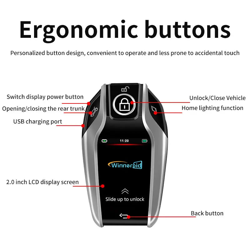 LCD Smart Car Key Display 4 Buttons Multi Language Type C Charging Keyless Entry Carkey