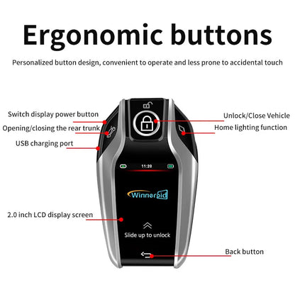 LCD Smart Car Key Display 4 Buttons Multi Language Type C Charging Keyless Entry Carkey