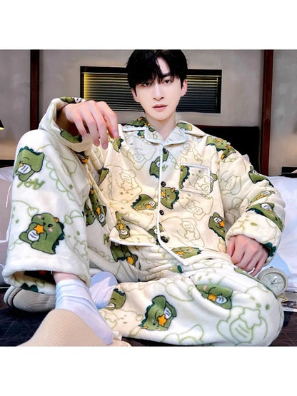 Winter Thickened Coral Fleece Sleepwear Men's Set Fleece Lined Long Sleeve Flannel Home Clothes Loose Fit New 2026 Style