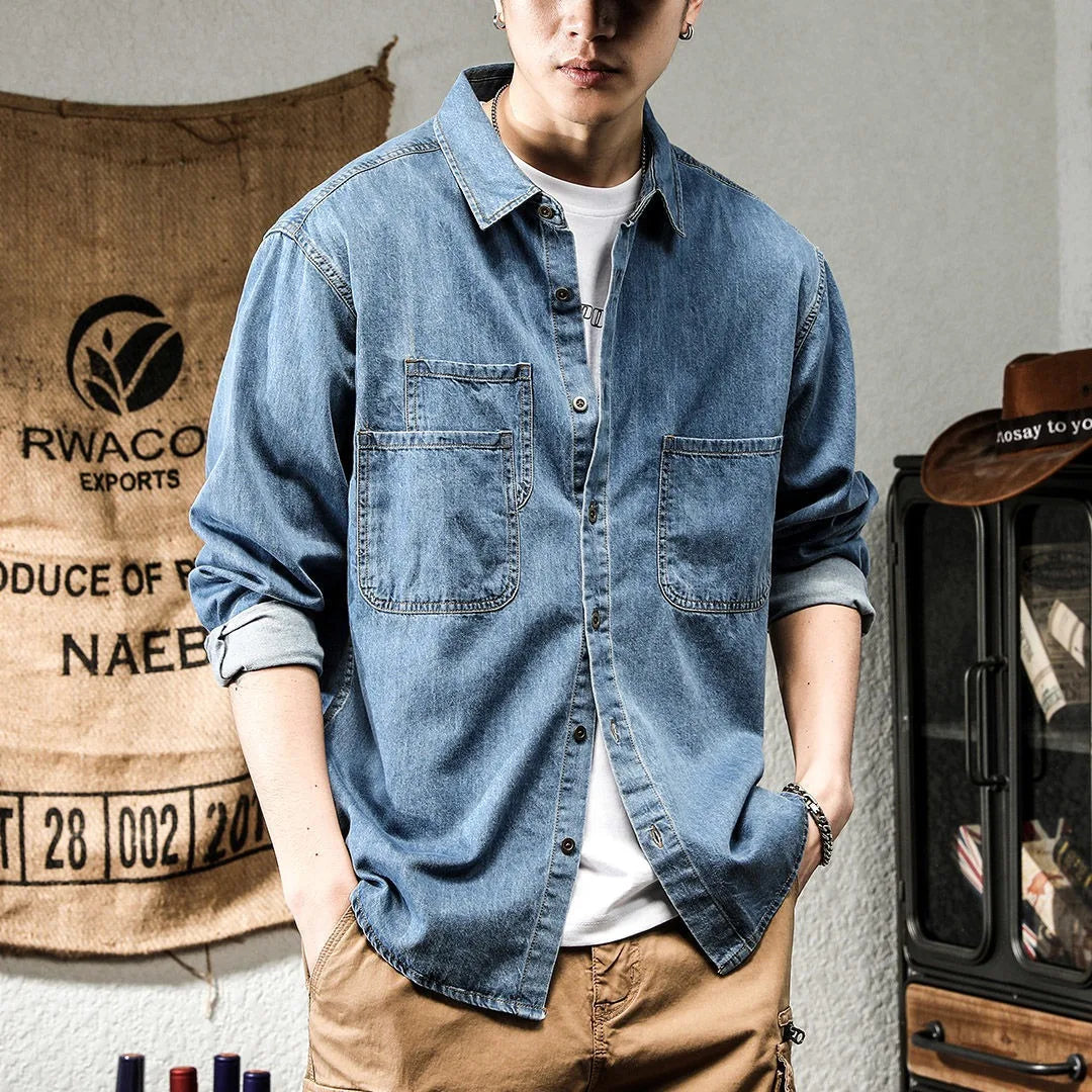 Spring Ruffian Handsome Denim Tooling Long-sleeved Shirt Men's Ins Trendy Versatile Casual American Retro Shirt Jacket