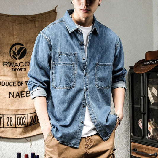 Spring Ruffian Handsome Denim Tooling Long-sleeved Shirt Men's Ins Trendy Versatile Casual American Retro Shirt Jacket