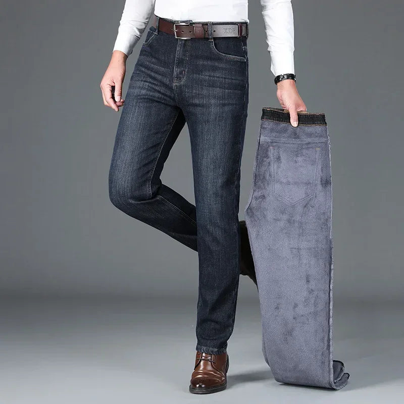 Winter Classic Men's Warm Fleece Straight Leg Jeans Business Casual Twill Cotton Stretch Padded Denim Pants Male Brand Trousers
