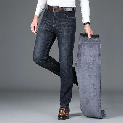 Winter Classic Men's Warm Fleece Straight Leg Jeans Business Casual Twill Cotton Stretch Padded Denim Pants Male Brand Trousers