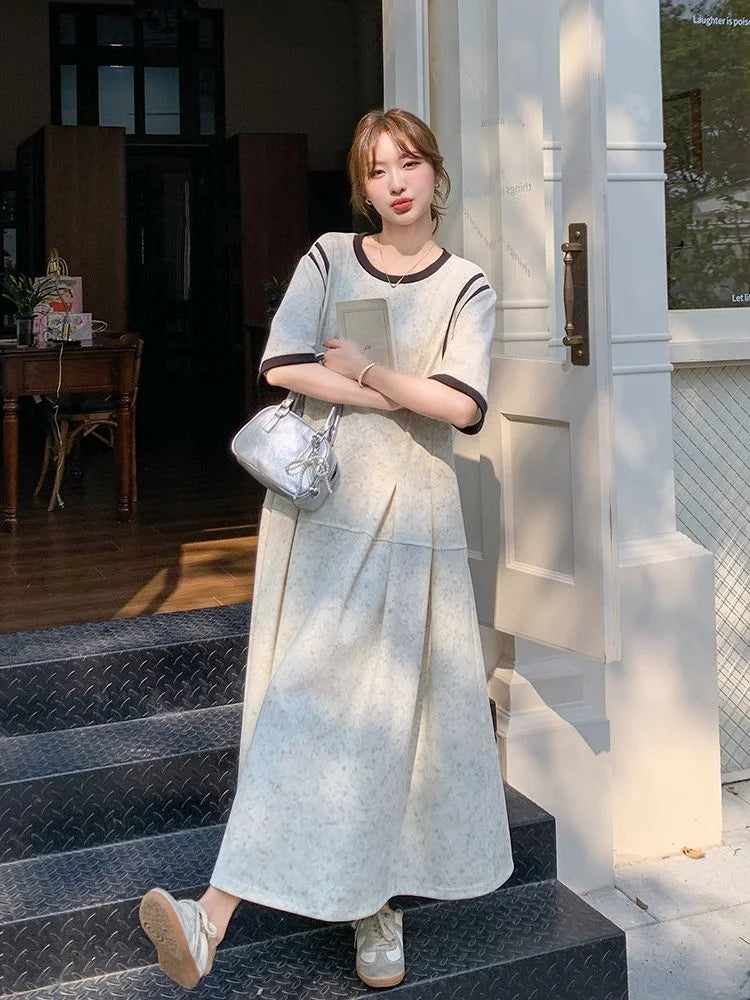 plus Size 300 Pounds Korean Style Slim Short Sleeve Dress Women's Loose Summer Age-Defying Lazy Style T-Shirt Dress
