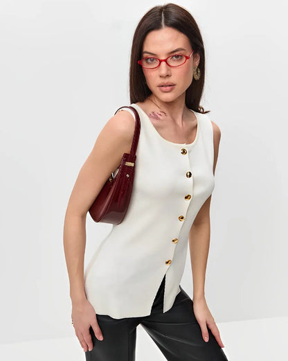 New Women's Tank Top Clothes Women's Fashion Gold Button Embellished Knit Undershirt