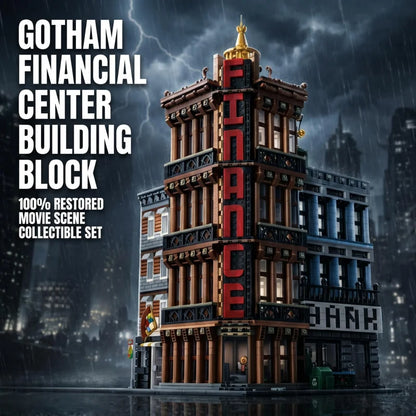 Adult modular building block set with 3,763 pieces, featuring a corner financial center street scene model, including bank and s