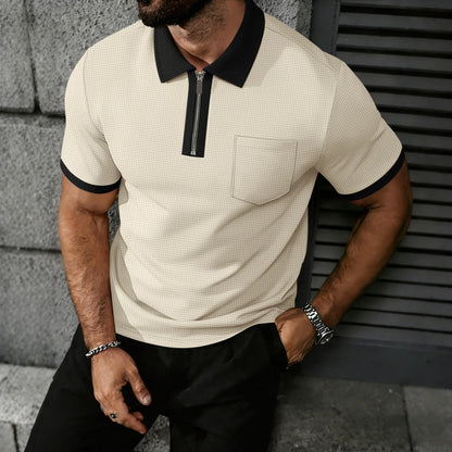 Men's Contrast Trim Waffle Knit Polo Shirt | Short Sleeve Zip Collar Shirt with Pocket for Summer Daily Wear