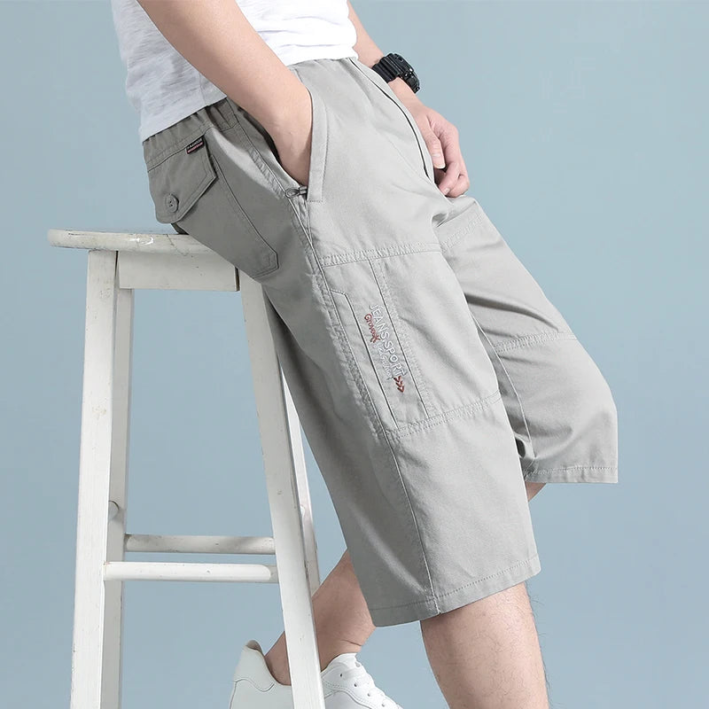 Summer Zipper Pocket Workwear Shorts Mens Knee Cargo Pants 2026 Cotton Shorts Men Climbing Jogger Elastic Waist Sports Work Wear