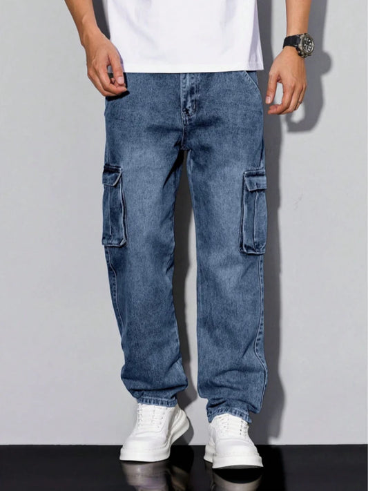 Men's Blue Cargo Jeans Spring New Multi-Pocket Loose Fit Denim Pants Streetwear Hip Hop Casual Versatile Daily Fashion Trousers