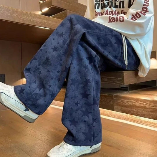 Youth Casual Tie Dye Star Joggers Straight Leg Loose Sports Pants Trendy Oversized Design for Autumn Winter Soft Draping Fabric