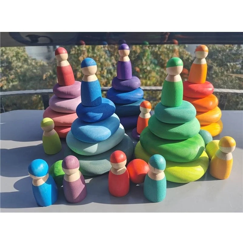 Wooden Toys for Kids Rainbow River Pebbles Stones Dolls Rings Balls Building Stacking Blocks