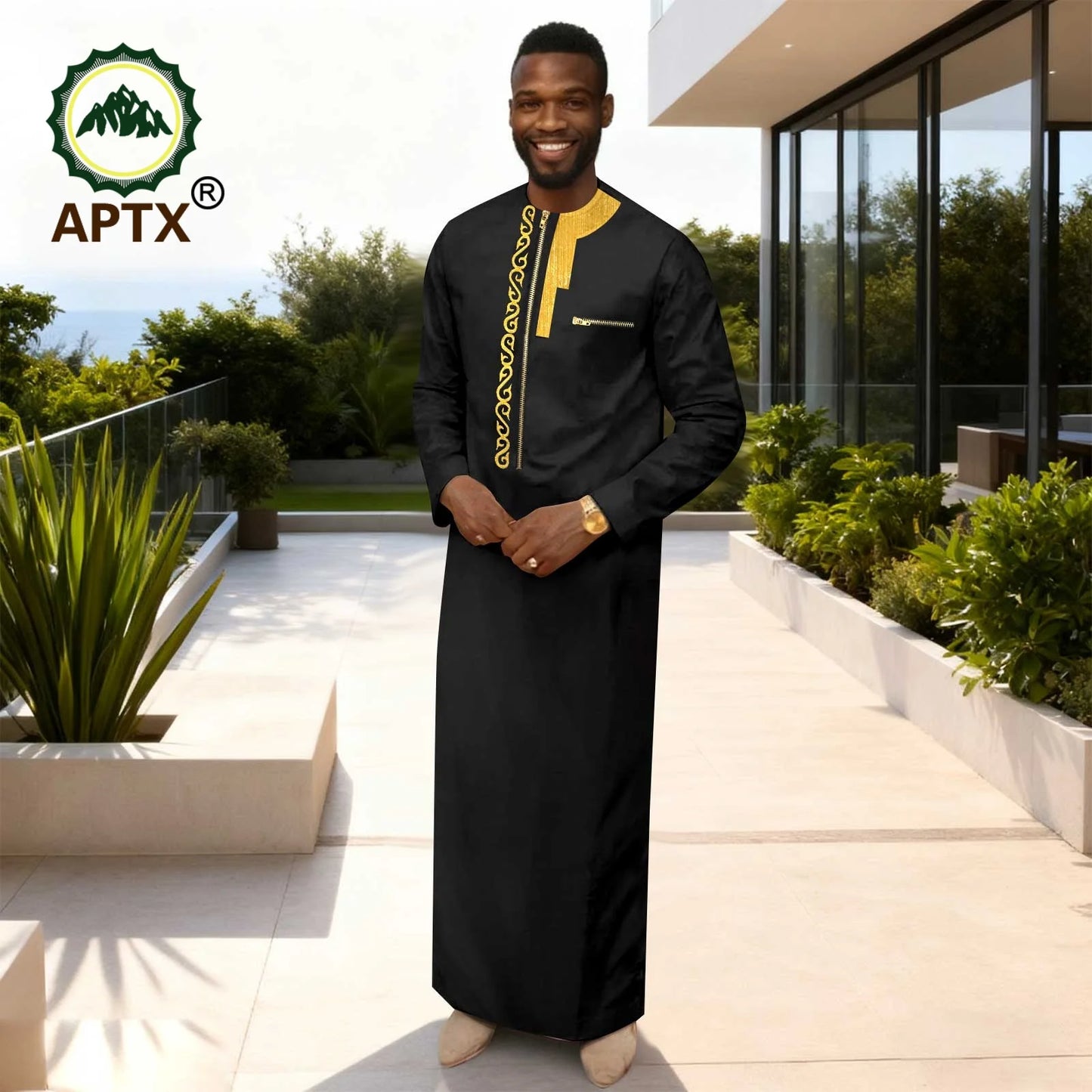 APTX Men's Traditional Muslim Robe 3-Pcs Set Long Sleeves African Dress Middle East Jubba Thobe Wedding Suit