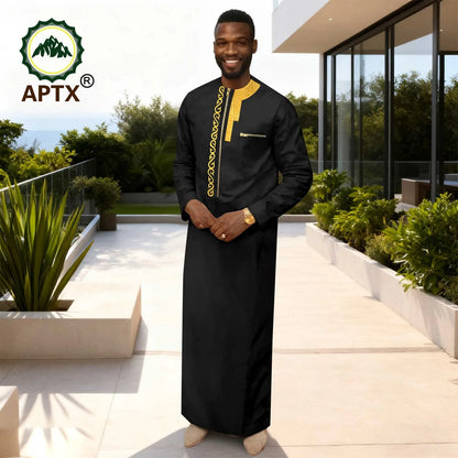 APTX Men's Traditional Muslim Robe 3-Pcs Set Long Sleeves African Dress Middle East Jubba Thobe Wedding Suit
