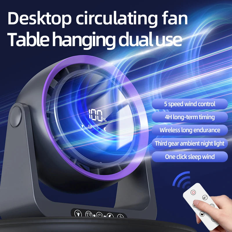 Desktop Circulating Fan 4000 mAh Large Capacity Rechargeable Mini Table Fan With Remote Control Wall-mounted Fan With NightLight