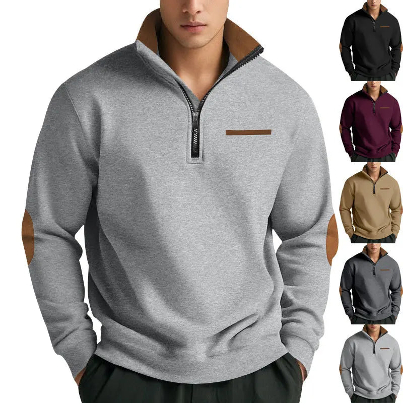 Men's Casual Sweatshirt American Style Autumn Winter Fleece Half-Zip Stand Collar Patchwork Color Block Henry Sweatshirt for Men
