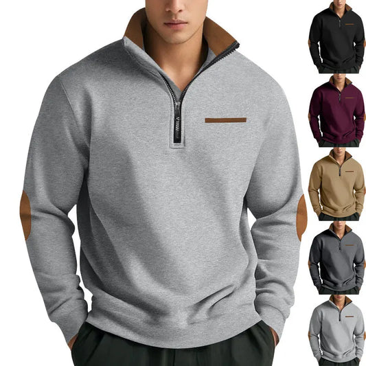 Men's Casual Sweatshirt American Style Autumn Winter Fleece Half-Zip Stand Collar Patchwork Color Block Henry Sweatshirt for Men