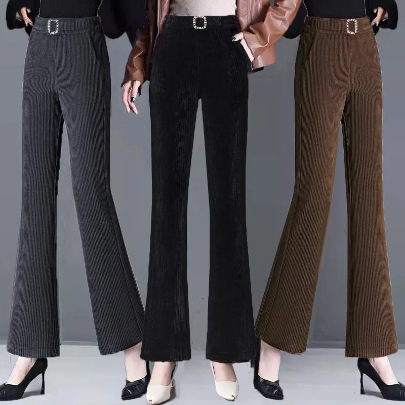 plus Size Flared Pants for Women Autumn Winter Fce Lined Casual High Waist Nine Points ket Pants for Middle-Aged Mothers