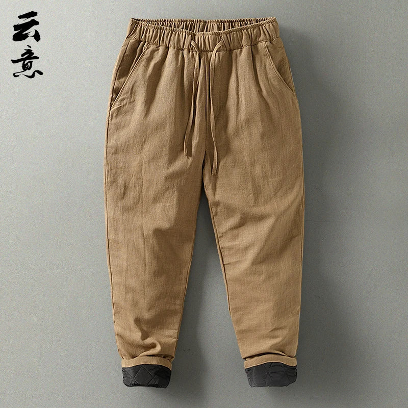 Men's Winter Thickened Cotton Linen Casual Pants Loose Fit Thermal Long Trousers Traditional Chinese Style Warm Cotton Padded