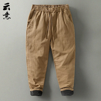 Men's Winter Thickened Cotton Linen Casual Pants Loose Fit Thermal Long Trousers Traditional Chinese Style Warm Cotton Padded